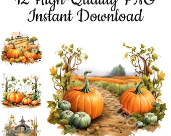 Pumpkin Patch Watercolor Clipart: 12 PNG Art Prints (Digital Download)