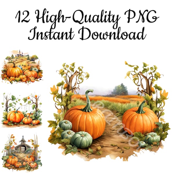 Pumpkin Patch Clipart, 12 Pumpkin Patch PNG, Pumpkin Patch Watercolor, Halloween Printable, Pumpkin Patch Digital Art, Instant Download