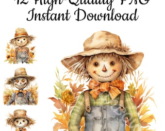 Halloween Scarecrow Watercolor Clipart: 12 PNG Art Prints (Instant Download)