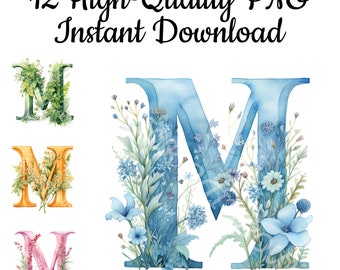 Clipart floreale ad acquerello con lettera M, 12 stampe artistiche PNG (download digitale)