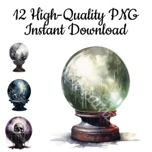 Crystal Ball Clipart, 12 Crystal Ball PNG, Crystal Ball Illustration, Crystal Ball Painting, Halloween Art Print, Instant Download