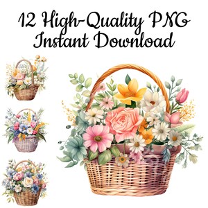 花の入った籐かごのクリップアート、12 個の籐かご PNG、花束の絵、籐かごのデザイン、花束のイラスト、即時ダウンロード