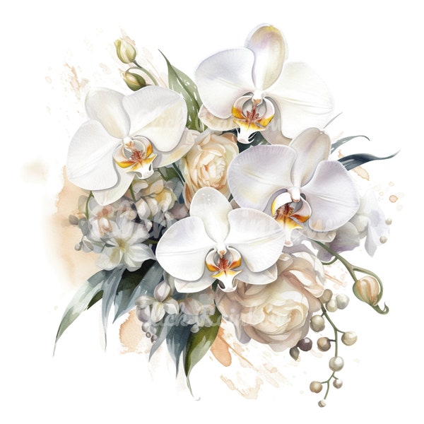 Clipart bouquet d'orchidées blanches, 12 orchidées PNG, Illustration d'orchidées, peinture d'orchidées, bouquet de mariée imprimable, carte d'orchidées, téléchargement numérique