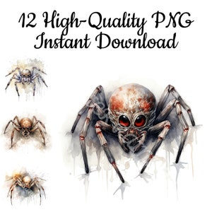 Spider Clipart, 12 Spider PNG, Spider Illustration, Halloween Printable, Spider Watercolor, Spider Sublimation, Instant Download