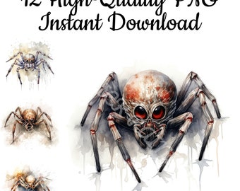 Clipart de Aranha em Aquarela: 12 Ilustrações PNG de Halloween (Download Digital)
