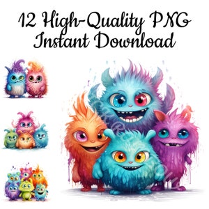Süße Monster Clipart, 12 süße Monster PNG, süße Monster Illustration, süße Monster Kunstdruck, Monster digitale Kunst, sofort-Download