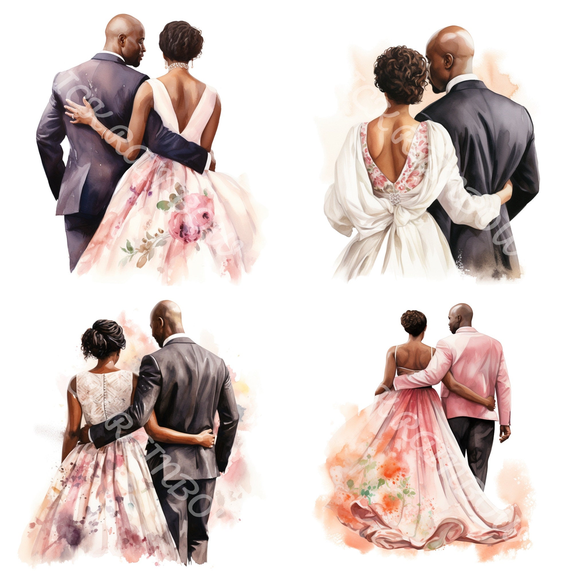 Just Married Black Couple Clipart: Bald Groom PNG Illustrations ...
