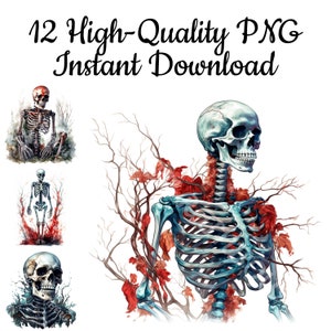 Skeleton Clipart, 12 Skeleton PNG, Skeleton Illustration, Halloween Art Print, Sublimation, Card Making, Invitation, Decor, Instant Download