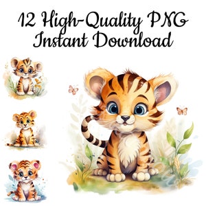 Cute Baby Tiger Clipart, 12 Tiger PNG, Kawaii Tiger Illustration, Tiger Wall Art, Tiger Digital Art, Tiger Watercolor, Instant Download
