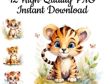 Kawaii Baby Tiger Clipart, Watercolor PNG Illustrations (Instant Download)