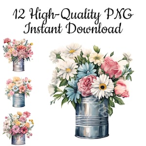 Tin Can with Flowers Clipart, 12 Tin Can PNG, Tin Can with Flowers Art Print, Tin Can with Flowers Digital Art, Instant Download