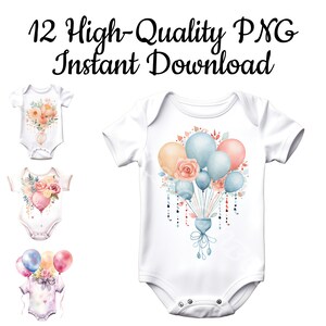 Clipart body bébé, 12 body avec des ballons PNG, carte de naissance, body imprimable, body aquarelle, toile body, téléchargement immédiat