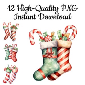 Christmas Stockings Clipart, 12 Christmas Socks PNG, Christmas Socks Illustration, Christmas Socks Design, Digital Download