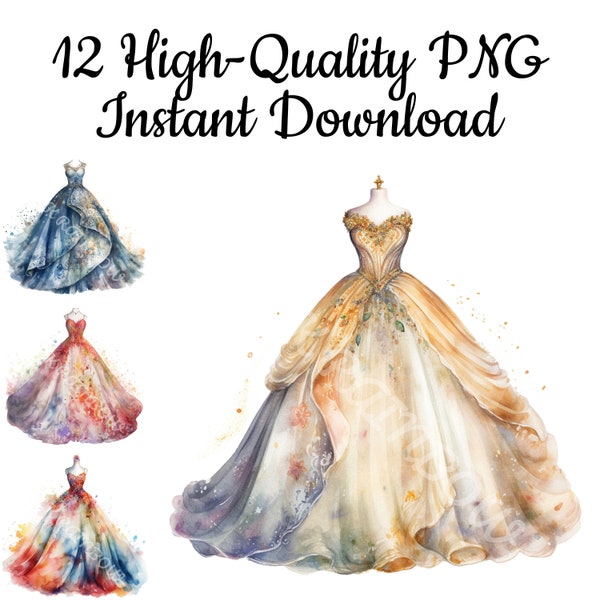 Princess Gown Clipart, Princess Dress Canvas, Gown Sublimation, Princess Decor, Fantasy Invitation, Card Making, Digital Download