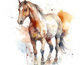 水彩画風の馬のイラストクリップアート、馬のウォールアート（デジタル