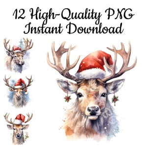 Clipart di renne di Babbo Natale, 12 PNG di renne di Natale, stampa artistica di renne, sublimazione, creazione di biglietti, album di ritagli, download istantaneo