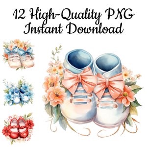 Clipart de zapatos de bebé, 12 zapatos de bebé PNG, ilustración de zapatos de bebé, diseño de zapatos de bebé, pintura de zapatos de bebé, tarjeta de nacimiento, descarga instantánea