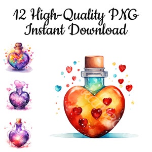 Love Potion Clipart, 12 Love Potion PNG, Valentine&#39;s Day Printable, Love Potion Illustration, Love Potion Digital Art, Instant Download