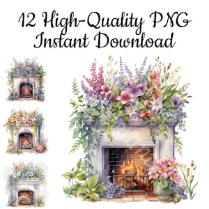 Fireplace With Flowers Clipart, 12 Fireplace With Flowers PNG, Fireplace Art Print, Fireplace With Flowers Illustration, Instant Download