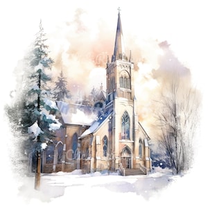 Church In Winter Clipart, 12 Church PNG, Church Watercolor, Church Sublimation, Christian Art Print, Church Illustration, Digital Download