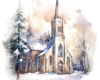 Winter Church Watercolor Clipart: Christian Art PNG (Digital Download)