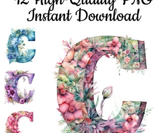 Letter C Floral PNG Clipart: Watercolor Art (Digital Download)