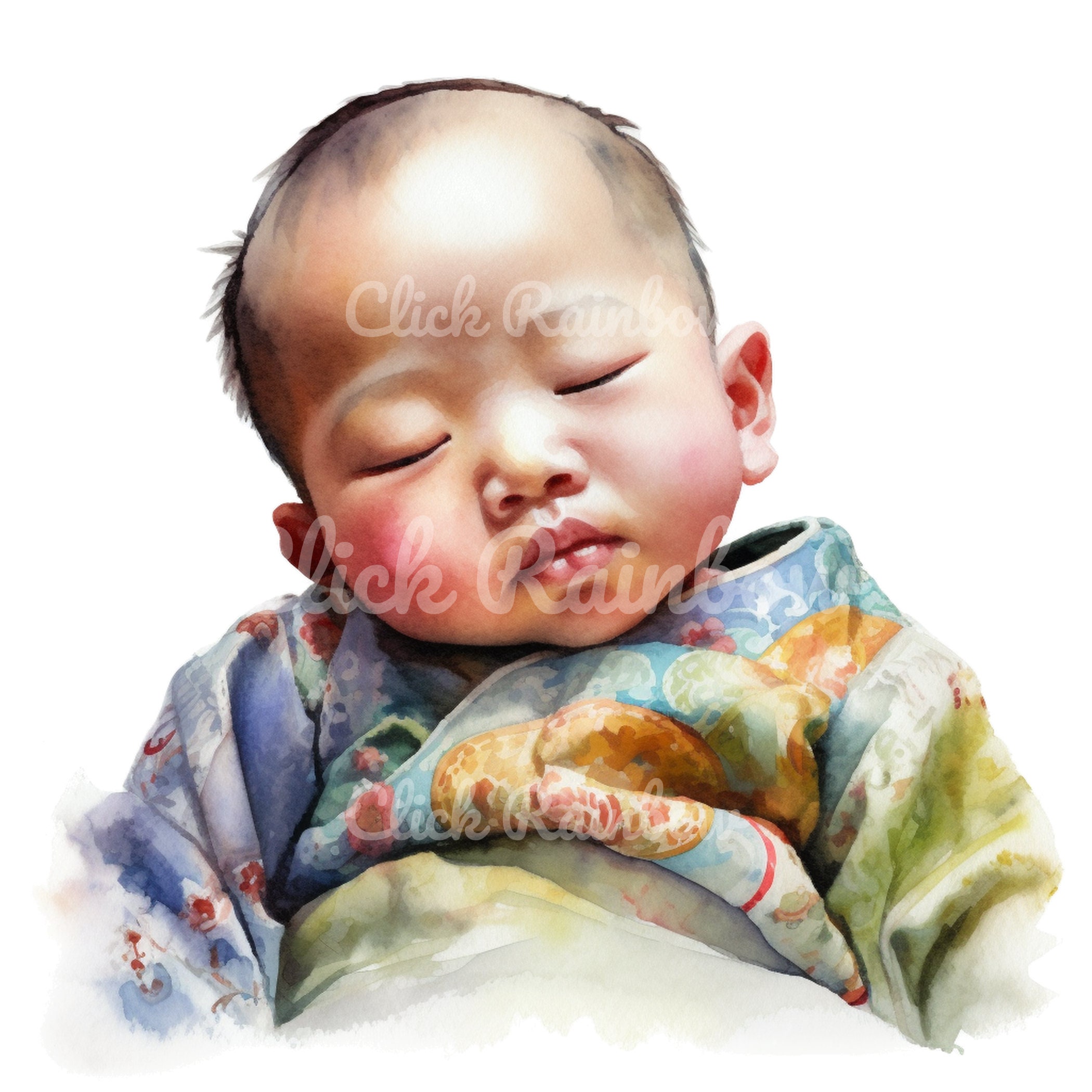 Asian Sleeping Baby Watercolor Clipart: PNG Bundle (digital