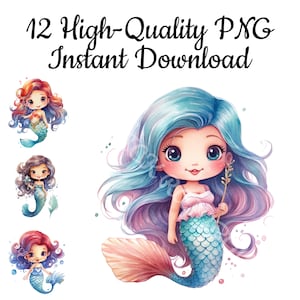 Cute Mermaid Clipart, 12 Cartoon Mermaid PNG, Mermaid Wall Art, Mermaid Illustration, Mermaid Watercolor, Mermaid Print, Instant Download