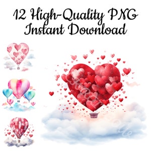 Hartvormige heteluchtballon clipart, 12 heteluchtballon png, liefde illustratie, Valentijnsdagkaart, heteluchtballon kunst, instant download
