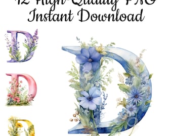 Floral Letter D Clipart: Printable PNG Illustrations (Digital Download)