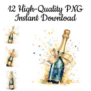 Champagne Bottle Clipart, 12 Champagne Bottle PNG, Champagne Bottle Illustration, Champagne Bottle Art Print, Instant Download