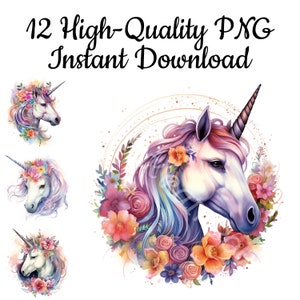Girly Licorn Clipart, 12 Licorn PNG, Licorn Wall Art, Licorn Art Print, Licorn Design, Licorn Graphics, Licorn Digital Art, Instant Download
