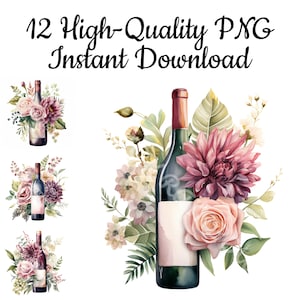 Wine Bottle With Flowers Clipart, 12 Wine Bottle PNG, Wine Bottle Illustration, Wine Bottle Art Print, Wine Bottle Digital, Instant Download