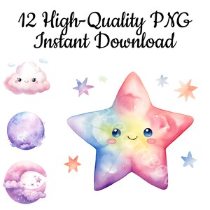 Kawaii Sky Clipart, 12 Kawaii Sky PNG, Kawaii Star, Kawaii Moon, aquarel Cloud, Kawaii Sky Canvas, voor baby, geboortekaart, Instant Download