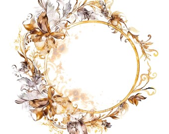 Gold Frame Clipart: Floral Illustration PNG Bundle (Digital Download)