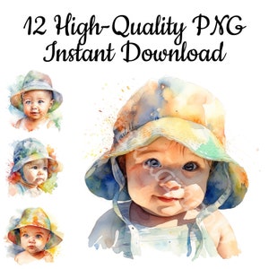Baby With Hat Clipart, 12 Summer Baby PNG, Beach Printable, Baby Illustration, Watercolor Baby, Baby Sublimation, Digital Download