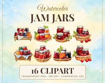Jam Jars Clipart, Watercolor Style, 16 Crafting PNG (Digital Download)