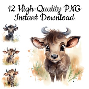 Cute Baby Wildebeest Clipart, 12 Cartoon Wildebeest PNG, Wildebeest Illustration, Wildebeest Painting, Wildebeest Wall Art, Instant Download