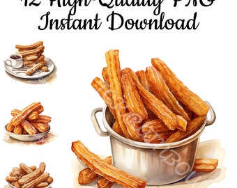 Churros Clipart, 12 High-Quality PNG, Churros Printable, Sublimation, Recipe Book, Birthday Invitation, Scrapbook, Instant Download