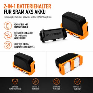 Peut inclure: Support de batterie 2-en-1 noir et orange pour batterie SRAM AXS et 2 piles bouton CR2032. Le support est compatible avec les batteries SRAM AXS et offre une conception sûre et fiable. Le texte sur le support indique "MTE DUMMY".