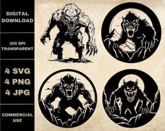 Werewolf SVG Bundle, PNG, Werewolf Clipart, Hand Drawn Werewolf Illustration, SVG Files For Laser Engraving