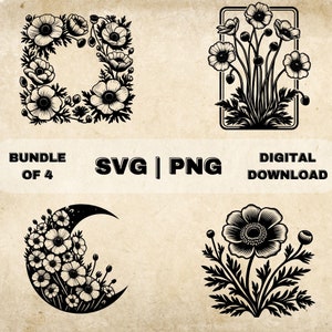 Anemone SVG Bundle, Anemonen Blumen Clipart, handgezeichnete florale Thema Vektor Illustration, SVG-Dateien für Lasergravur & Handwerk