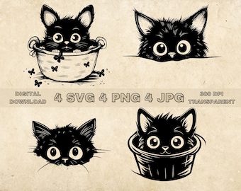 Peeking Cat SVG Bundle, PNG, Cute Cat Clipart, Hand Drawn Cats Vector Illustration, SVG Files For Laser Engraving