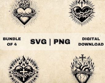 Sacred Heart Of Jesus SVG Bundle, Faith Clipart, Hand Drawn Religious Art Theme Vector Illustration, PNG Files For Laser Engraving & Craft