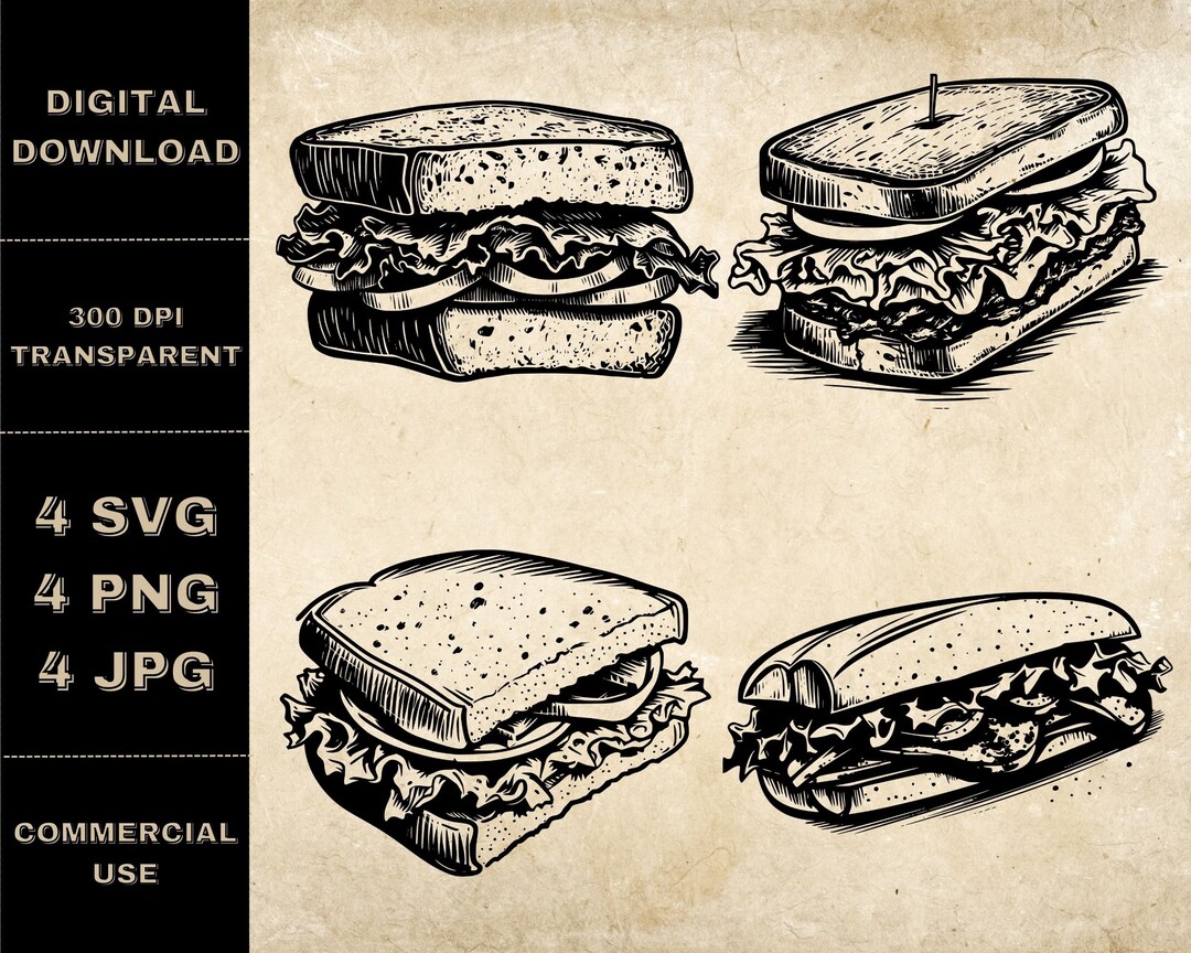 Sandwich SVG Bundle, PNG, Sandwich Clipart, Hand Drawn Sandwiches