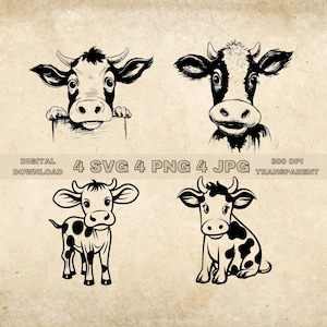 Cute Cow SVG Bundle, PNG, Farm Animal Clipart, Hand Drawn Baby Cows Vector Illustration, SVG Files For Laser Engraving