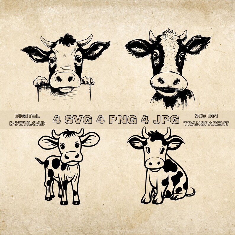 Cute Cow SVG Bundle PNG Farm Animal Clipart Hand Drawn Baby - Etsy