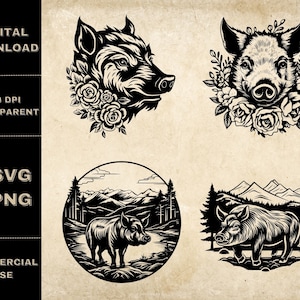 Wild Boar SVG Bundle, PNG, Boar Clipart, Hand Drawn Boars Vector Illustration, SVG Files For Laser Engraving