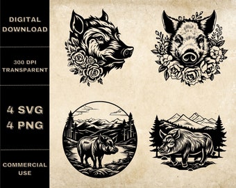 Wild Boar SVG Bundle, PNG, Boar Clipart, Hand Drawn Boars Vector Illustration, SVG Files For Laser Engraving