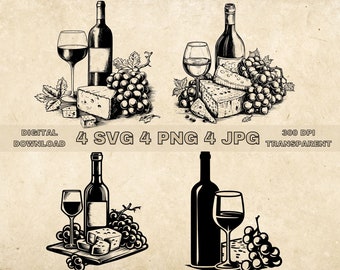Wine And Cheese SVG Bundle, PNG, Wine Lover Clipart, Hand Drawn Wine Tray Vector Illustration, SVG Files For Laser Engraving